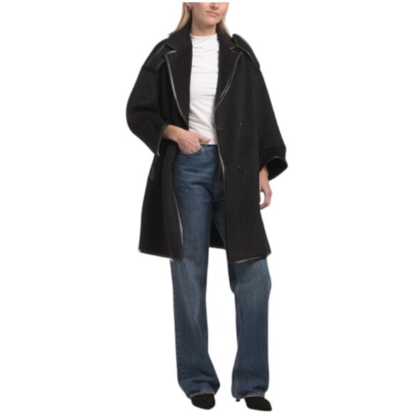 BELLE & BLOOM Wool Blend Incomplete Kiss Faux Leather Trimmed Coat